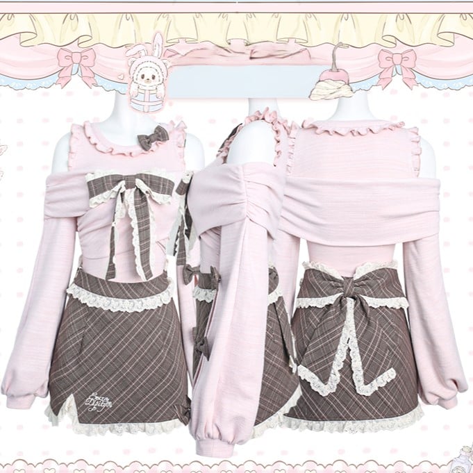 Bow Top Puff Accents and Sleeves Plaid Shoulder Knit Cutout with Pink