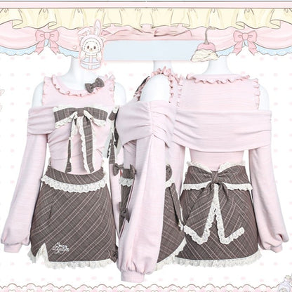 Bow Top Puff Accents and Sleeves Plaid Shoulder Knit Cutout with Pink