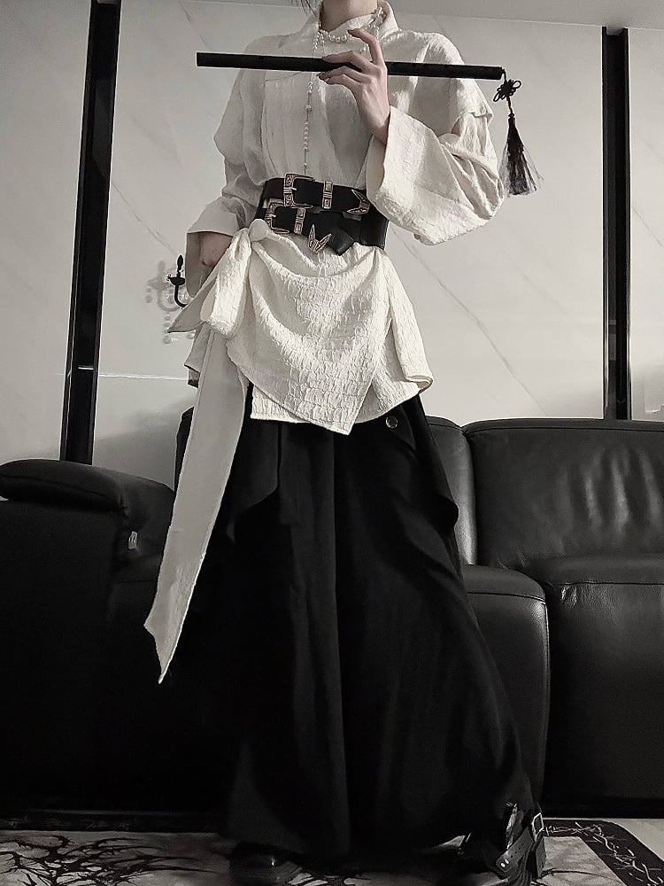 Wide-Leg Black with High-Waisted Lolita Ruffle Trim Ouji Pants Skirt