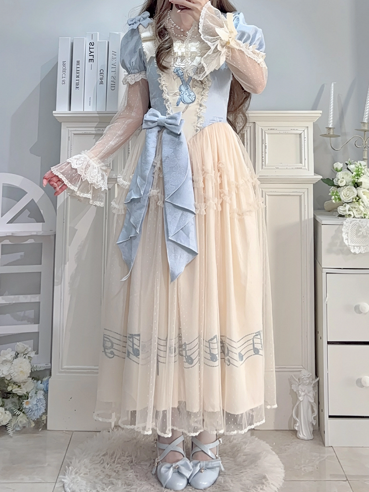 Dress Blue Version Print Lolita Elegant Note Beige Lace Violin Classic with Embroidery Long Musical