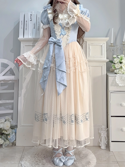Dress Blue Version Print Lolita Elegant Note Beige Lace Violin Classic with Embroidery Long Musical