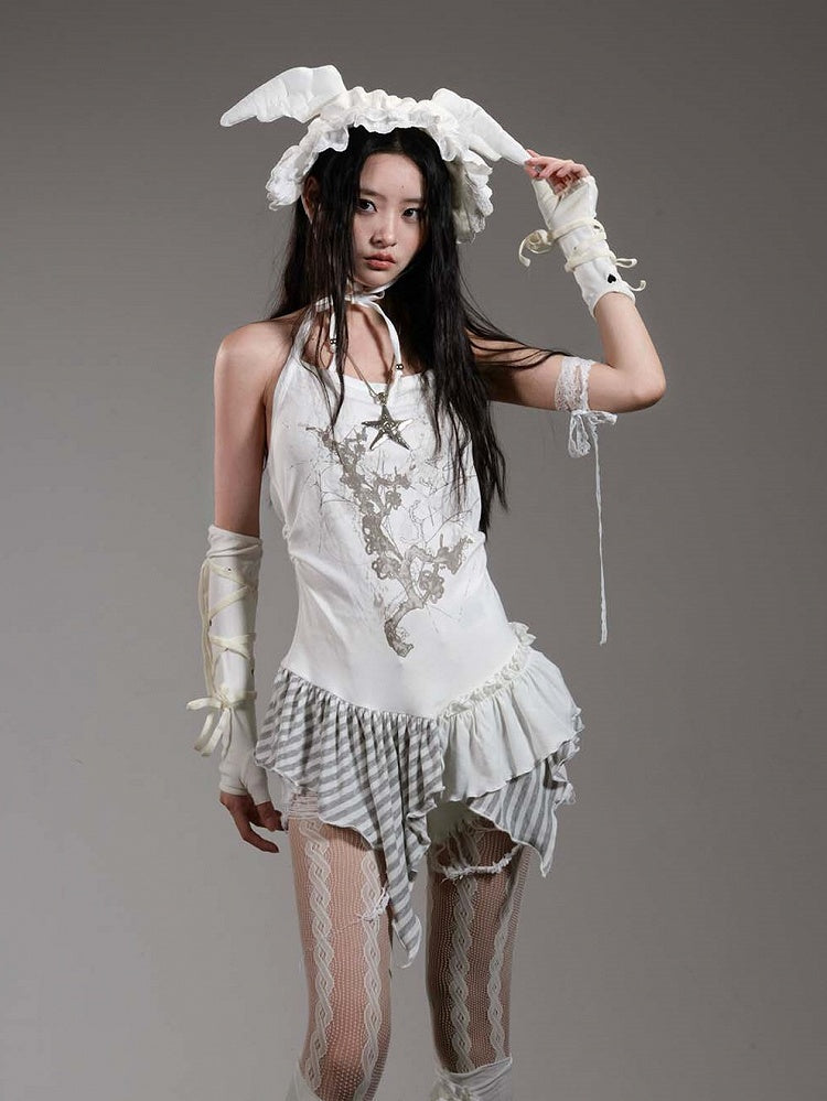 White Halter Top with Printed Pattern & Asymmetrical Hem - Blazed Field