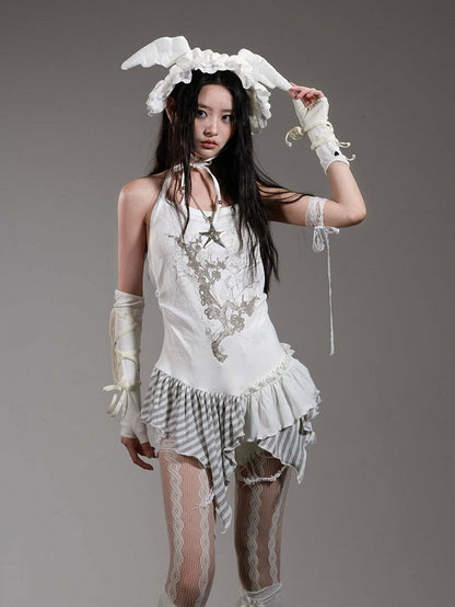 White Halter Top with Printed Pattern & Asymmetrical Hem - Blazed Field