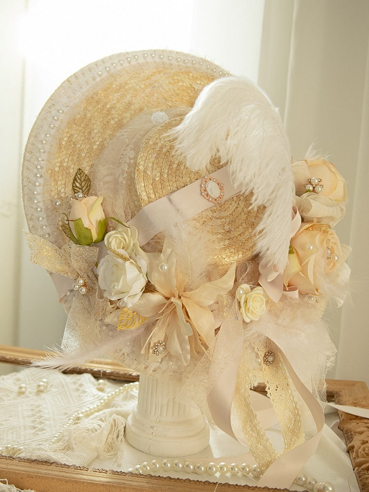 Design Floral Feather Beaded And Straw Hat Decorated Beige