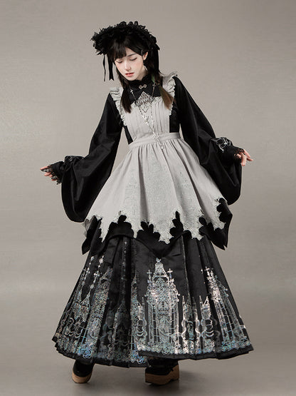 Gothic Necklace Black Top Han Lolita Skirt Bonnet Long Apron Horse-face - Set +