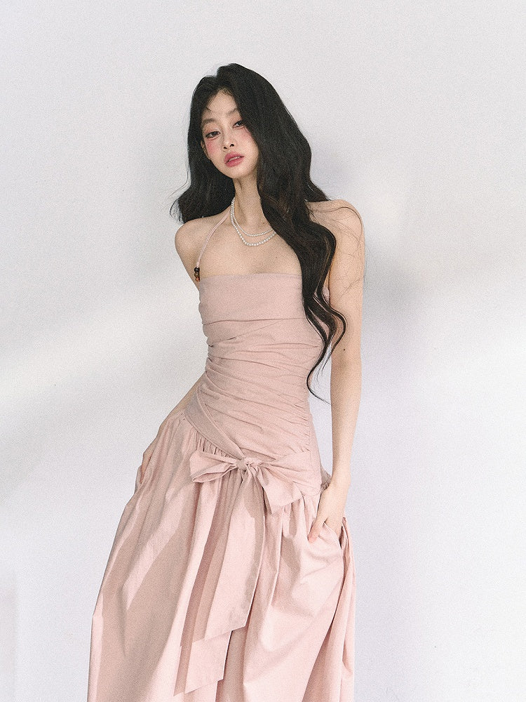 Pink/Graues Neckholderkleid mit Rüschendesign und Schleife zum Selbstbinden