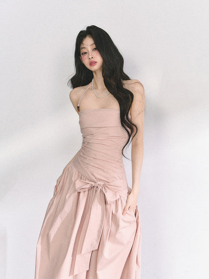 Pink/Graues Neckholderkleid mit Rüschendesign und Schleife zum Selbstbinden