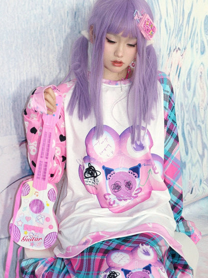 Claw Cat Heart Long And Print Sleeves Plaid Pattern Skeleton Top Y2K White