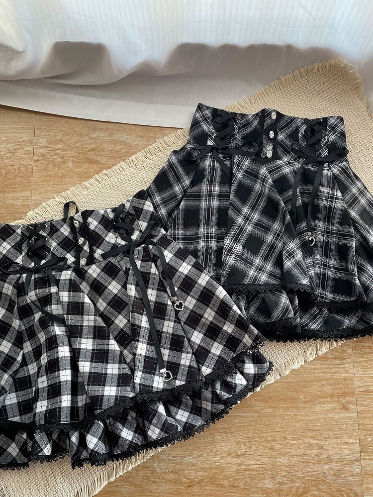 Monochrome Checkered High-Rise Lace-Trim Skirt - YoshiKi