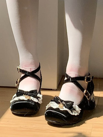 Unique Heels Mid Sweet Round Lolita Black Janes - Toe Heel Decorative Bow Pudding Mary Shaped with