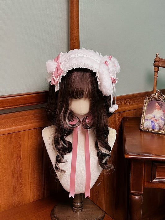 Bows and with Plush Bunny-themed Sweet Pink/Brown Lolita Hairband Accents Pom-pom