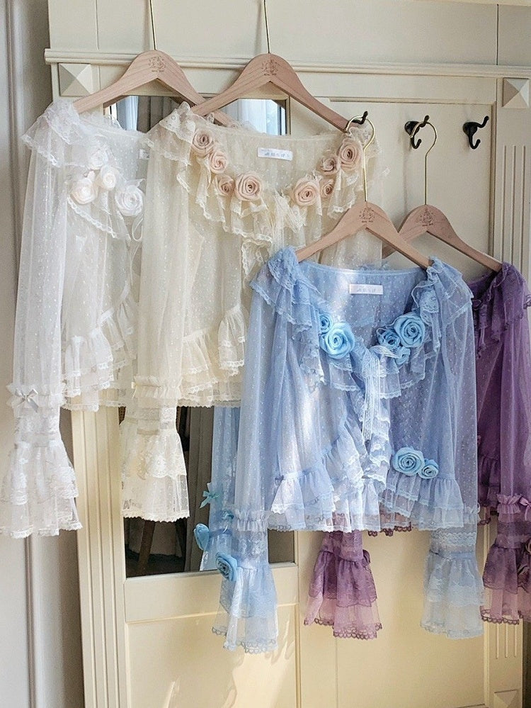 Blau Lila Weiß / Schwarz Brosche Beige Rose