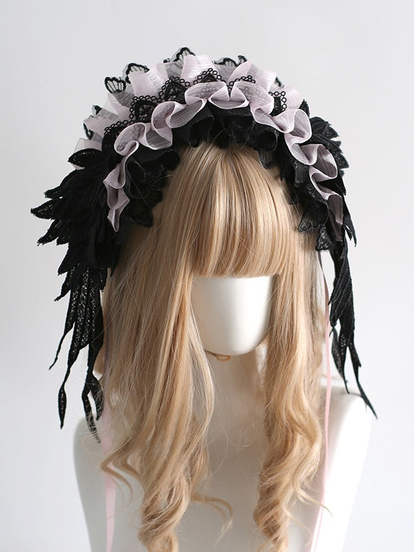 Lolita Hairband Gothic Colors Feather-Shaped Lace 8 Black