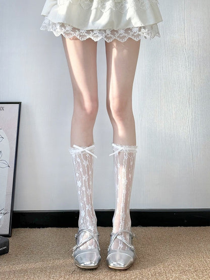 Sheer Lace Trim Calf Socks with Floral Pattern - Milk flavored Lolita