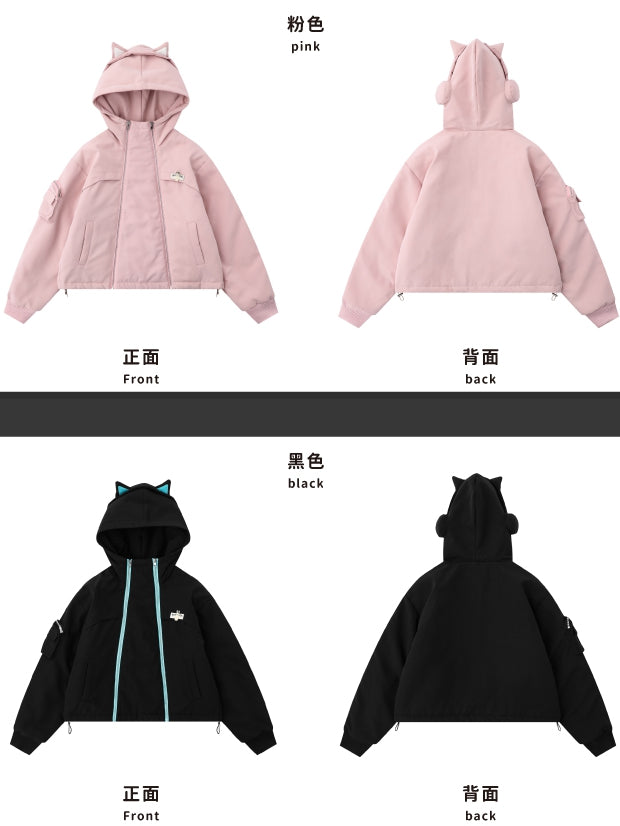 Black/Pink Zips Cat Ears Hood Thick Zip Hoodie