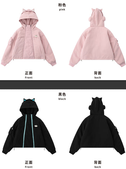 Black/Pink Zips Cat Ears Hood Thick Zip Hoodie
