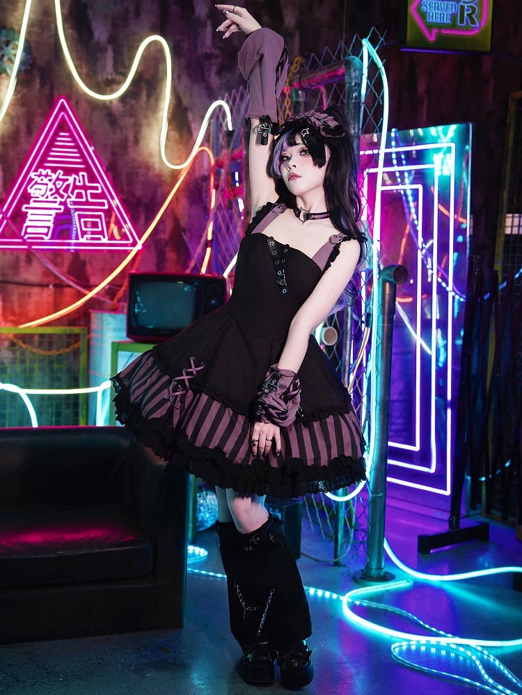 Kitty Gothic Striped + JSK Top Bow and Dress Pattern Ears Black Sailor Collar Lolita Big Purple Cropped