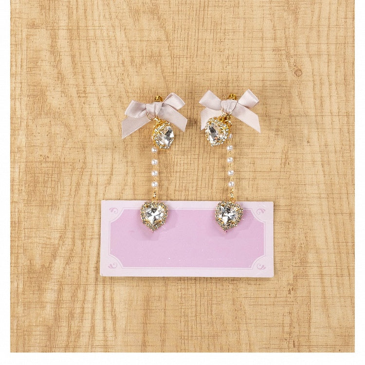 Kei Rhinestones / Dusty Pink Bow Ear Jirai Beaded | Clips White Heart Black Chain with