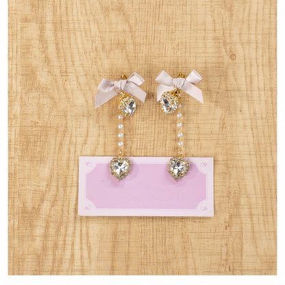 Kei Rhinestones / Dusty Pink Bow Ear Jirai Beaded | Clips White Heart Black Chain with