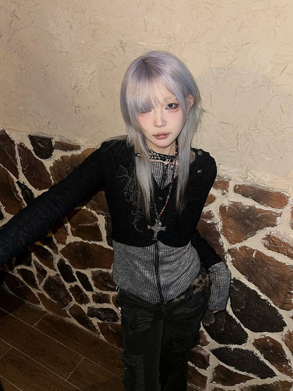 Y2K Hoodie White Two-Piece / Black Faux Knit Zip-Up