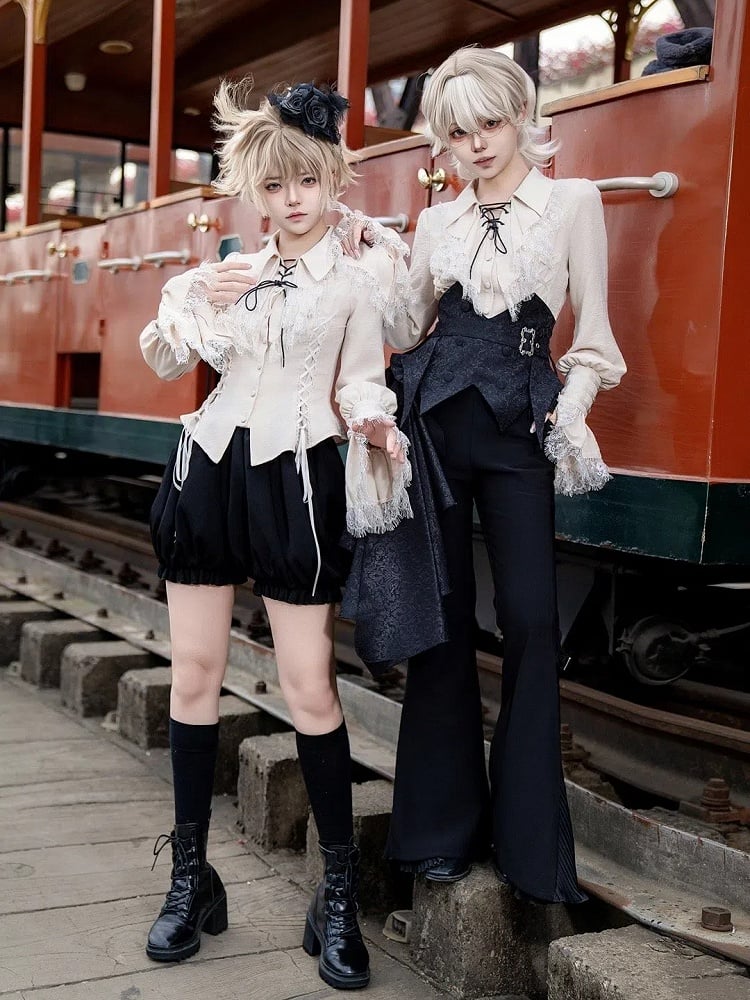 Gothic - Hosengürtel mit Riemen-Set + blaues ausgestelltes Lolita Ouji-Korsett mit schwarzer Fliege und Stäbchen