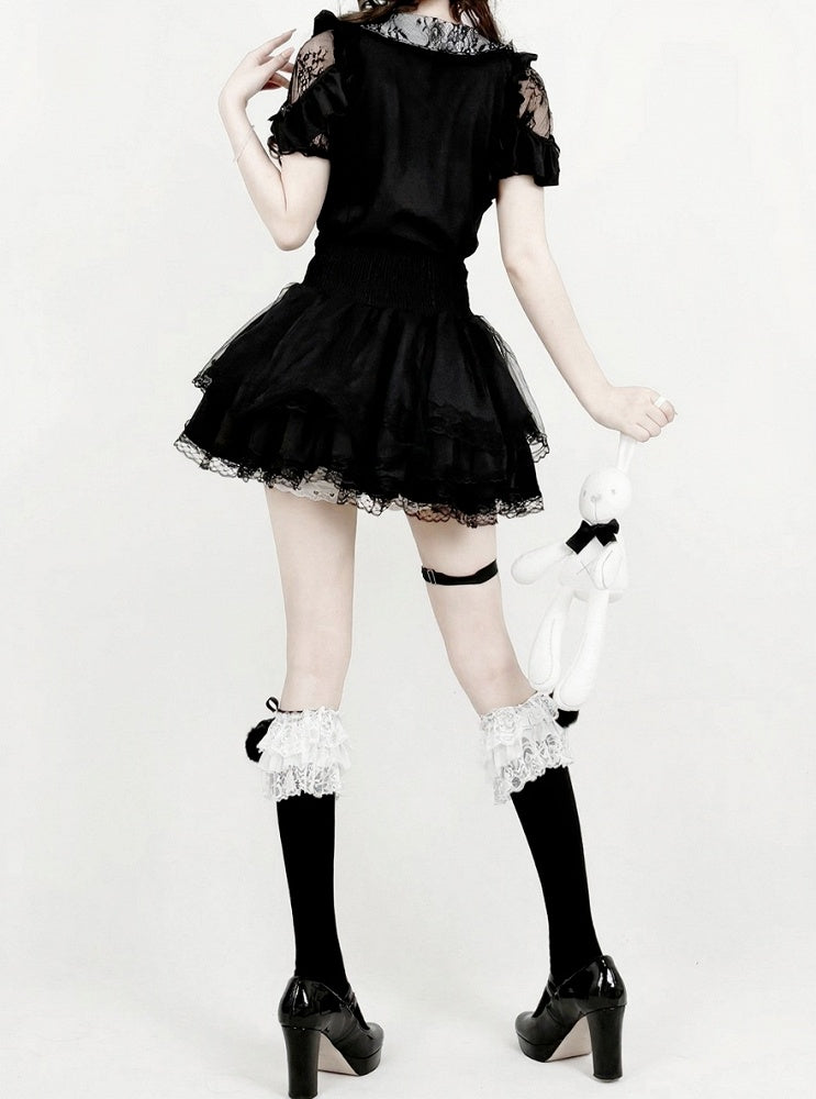 Midnight Lace-Shoulder Ruffle Blouse with Cutout Accents - AMAHAKAWA