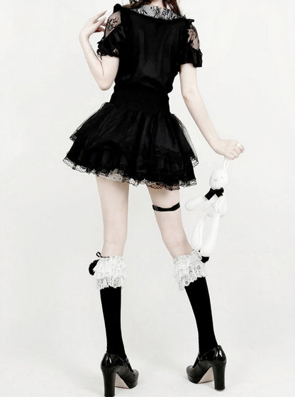 Midnight Lace-Shoulder Ruffle Blouse with Cutout Accents - AMAHAKAWA