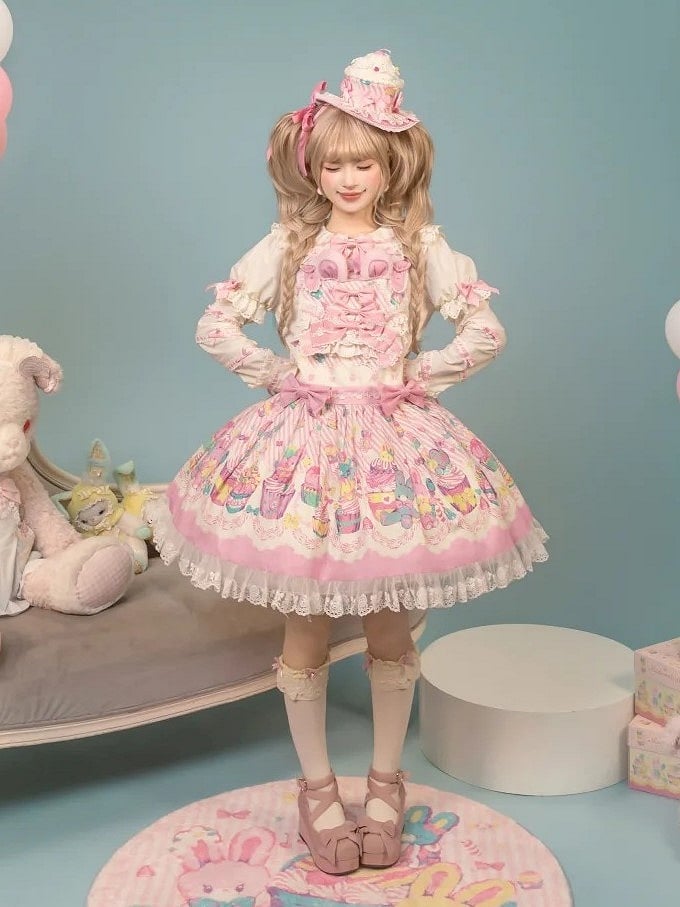 and Pink Sweet Lolita Bunny Print Dress Overall White Cupcake