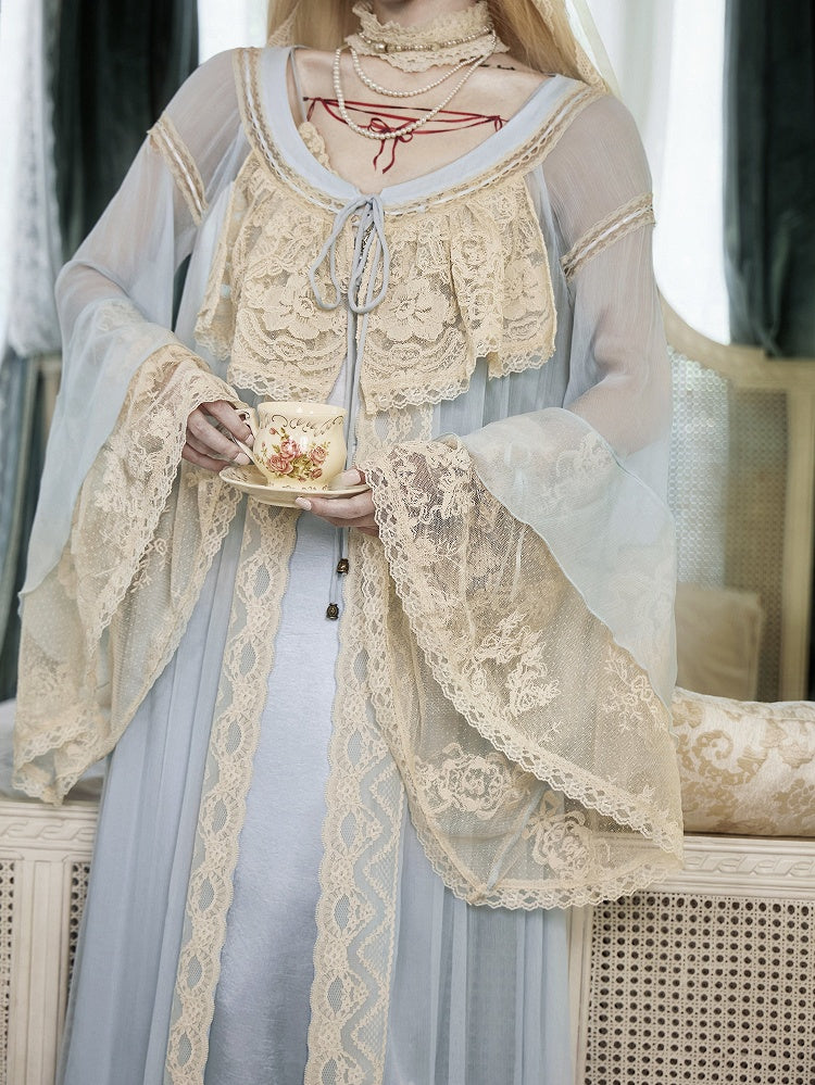 Baby Blue Bell Sleeve Flared Robe with Apricot Lace Details - Blood Supply