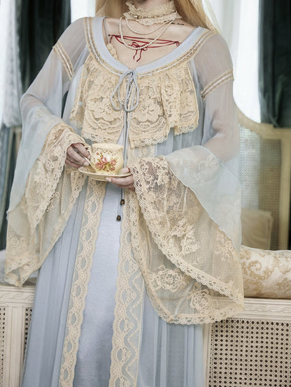 Baby Blue Bell Sleeve Flared Robe with Apricot Lace Details - Blood Supply