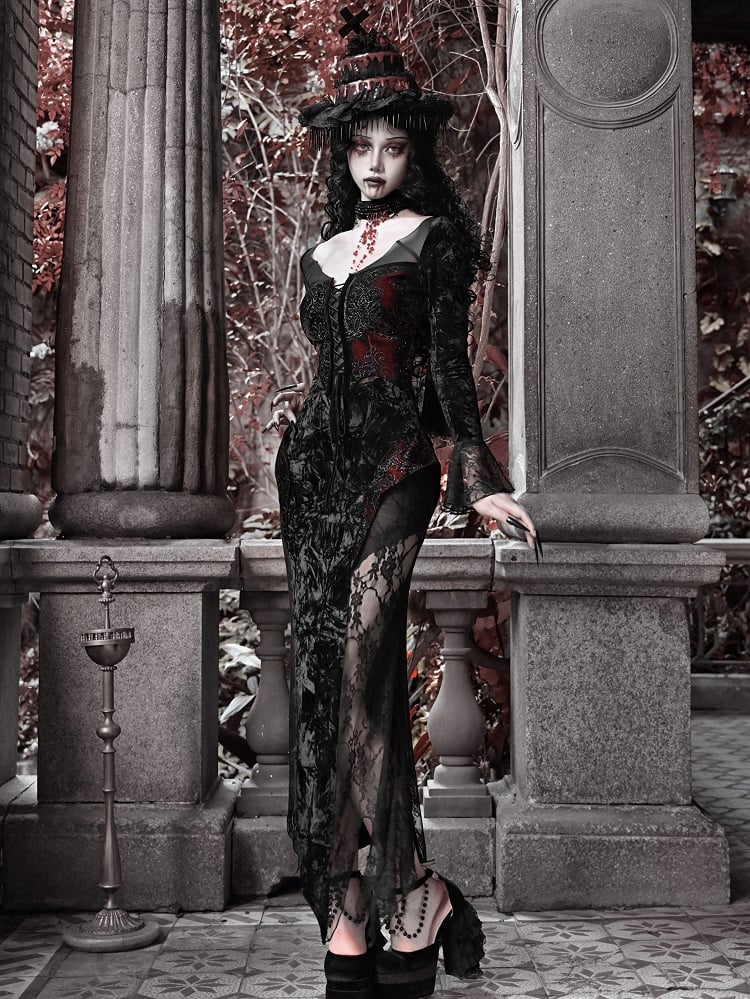 Flügel Romantischer Samt und geformter Spitzenausschnitt Fledermaus Vampirkleid Goth Meerjungfrau