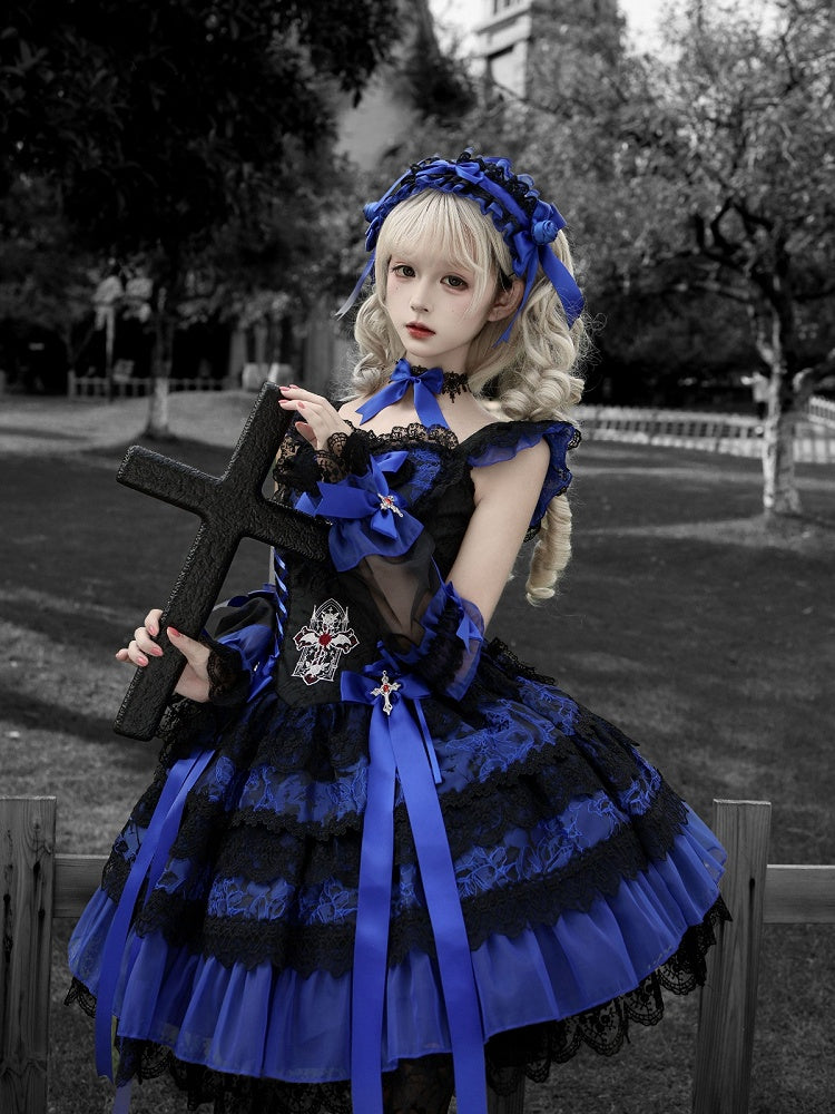Gothic Lolita JSK Dress with Cross & Spider Details, Layer Lace Trim & Bowknots in Black & Blue - Dream Flower Box
