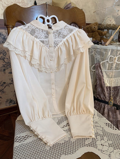 Beige Edward Neck Lolita Blouse with Bead-Accented Cuffs