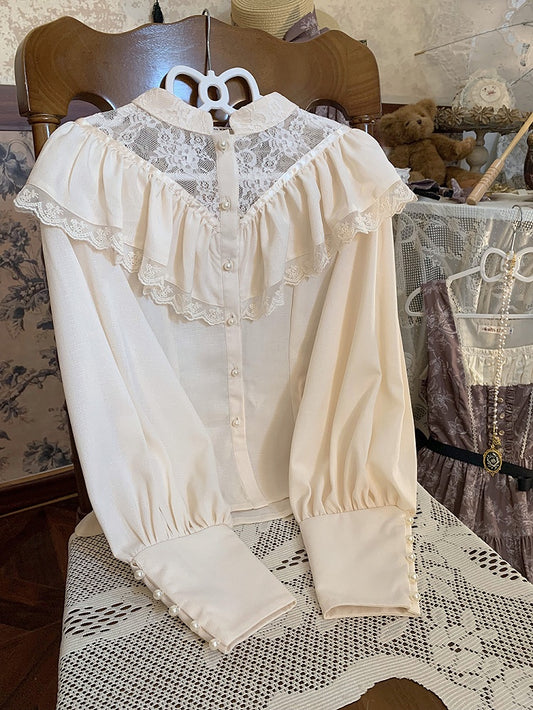 Beige Edward Neck Lolita Blouse with Bead-Accented Cuffs