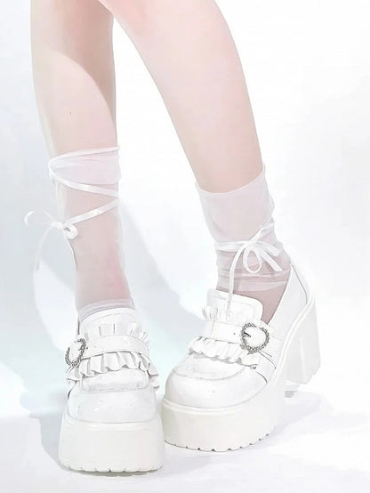 with Beaded Kei White Sweetheart 9.5cm Jirai Shoes Heel Chunky Loafers Platform