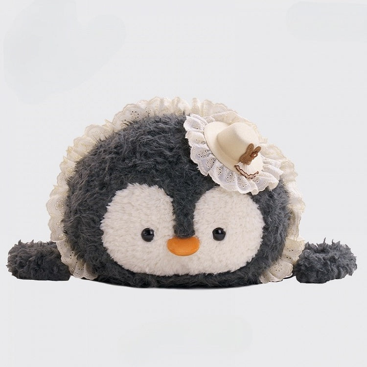 Backpack Gray Plush Penguin-shaped Trim Lace