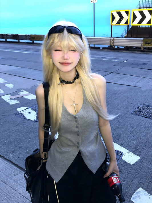 グレーのフロントボタンプラケットホルターネックグラマラスタンクトップ