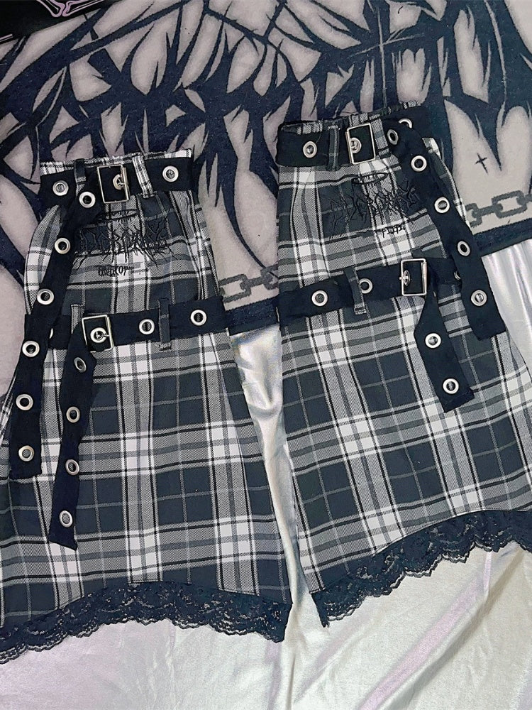 ブラック＆ホワイト/ピンク/ブルー/ブラック＆グレーのチェック柄レッグウォーマー（バックルストラップ付き）