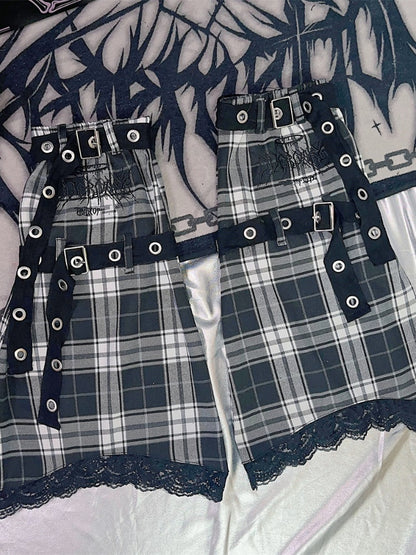 ブラック＆ホワイト/ピンク/ブルー/ブラック＆グレーのチェック柄レッグウォーマー（バックルストラップ付き）