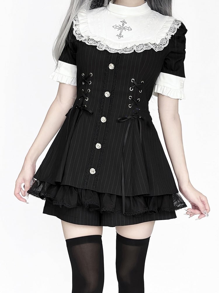 Set - Coord Jirai Striped Kei Waist Black Lace-Up