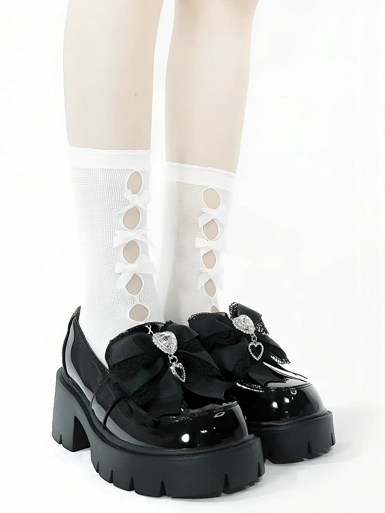 Polished 6cm Jirai with Black Loafers Rhinestone Sweetheart Bow Platform in Kei Heel