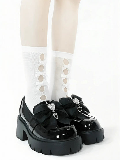 Polished 6cm Jirai with Black Loafers Rhinestone Sweetheart Bow Platform in Kei Heel