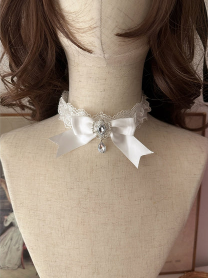 Skirt + Train Rhinestone Multi-Layered Details Lace Hime-Style JSK Big Lolita White with / Elegant Choker Bow Dress