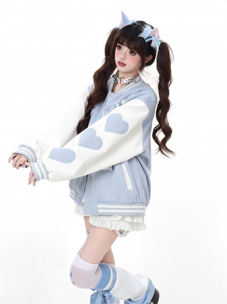 ゆめかわいいピンク/ブルーのキーアップリケ付きベースボールジャケット