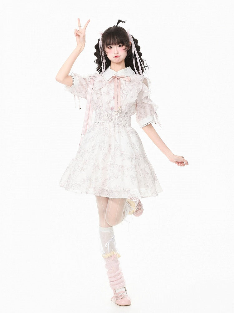 Light Pink Mesh Shoulder Cut-Out Dress with Ruffle Trim