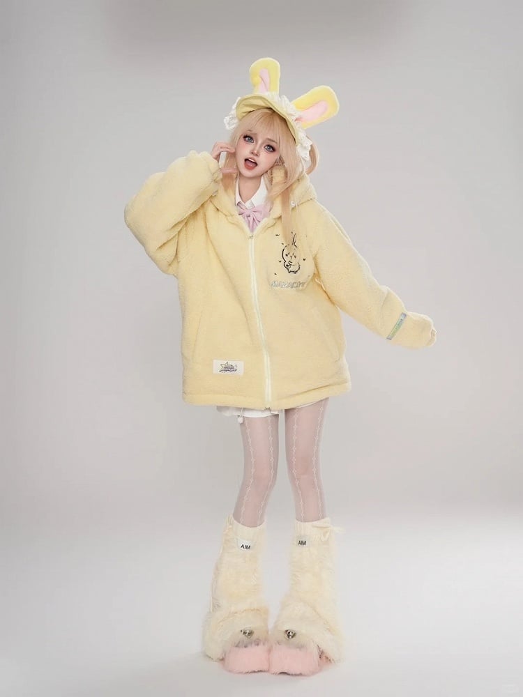 Print Cartoon mit Fleece Kapuze Hasenohren Mantel Gelb