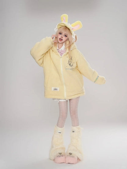 Print Cartoon mit Fleece Kapuze Hasenohren Mantel Gelb