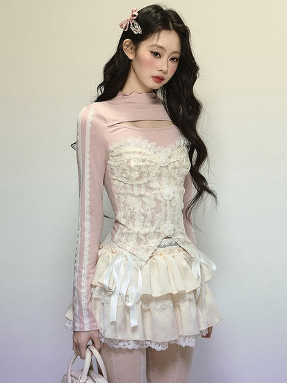 Rosa Patchwork-Top aus Spitze mit floralen Verzierungen und Cutout-Detail