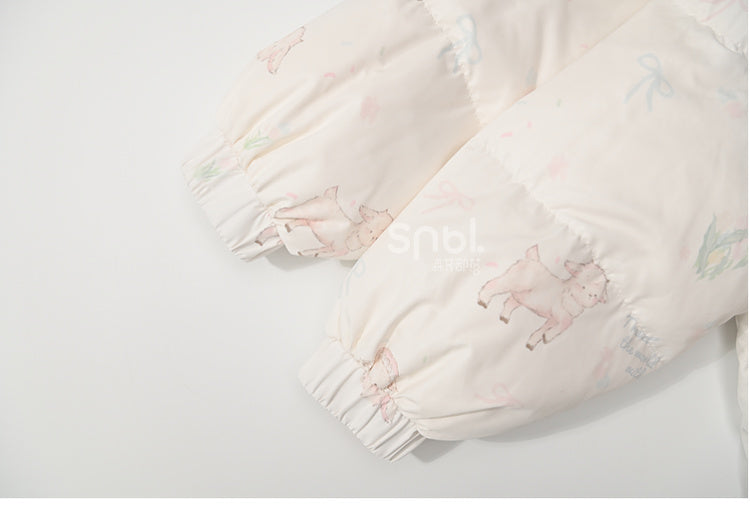 Süße weiße Daunenjacke mit Kapuze und Lamm-Print, kurze/lange Version