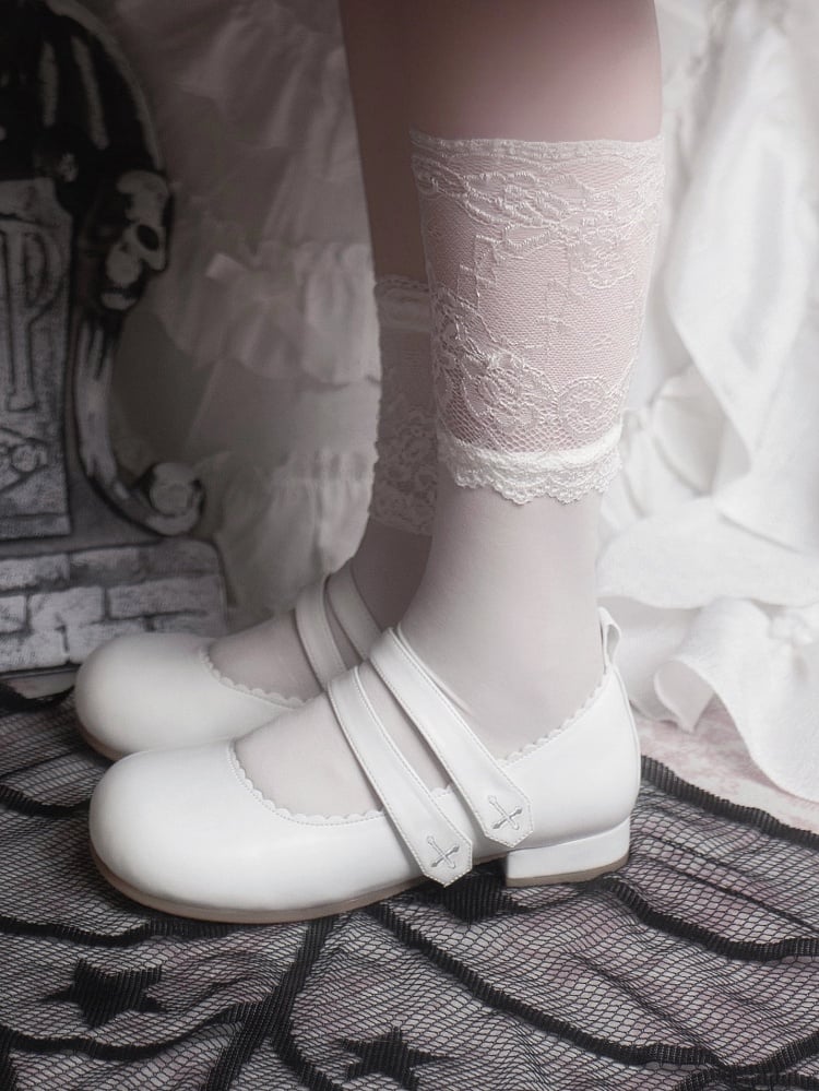 Round Cross White Flats Velcro Gothic Embroidery Toe Strap Closures